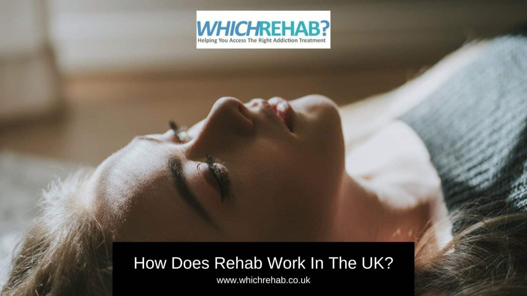 A womanlying on her back in a rehab therapy room with the text overlay: How does rehab work in the UK | Which Rehab