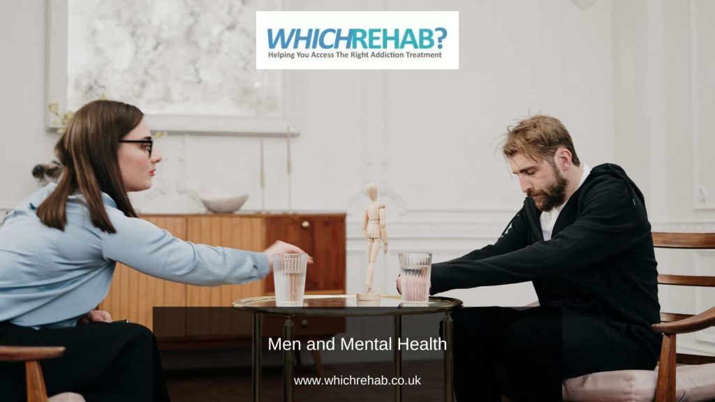 Sad man in black hoodie with a therapist in mental health consultation - Which Rehab